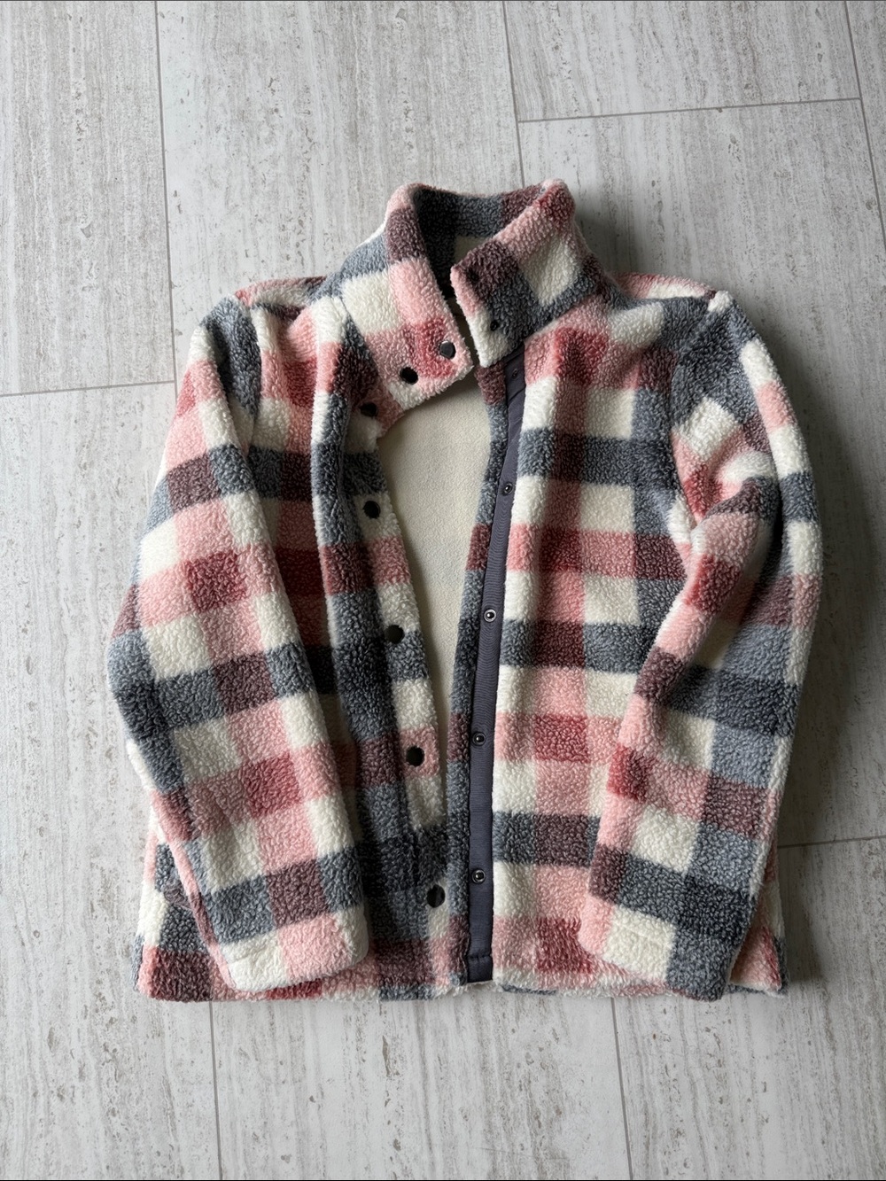 Maurices Pink, Gray & Cream Plaid Sherpa Jacket